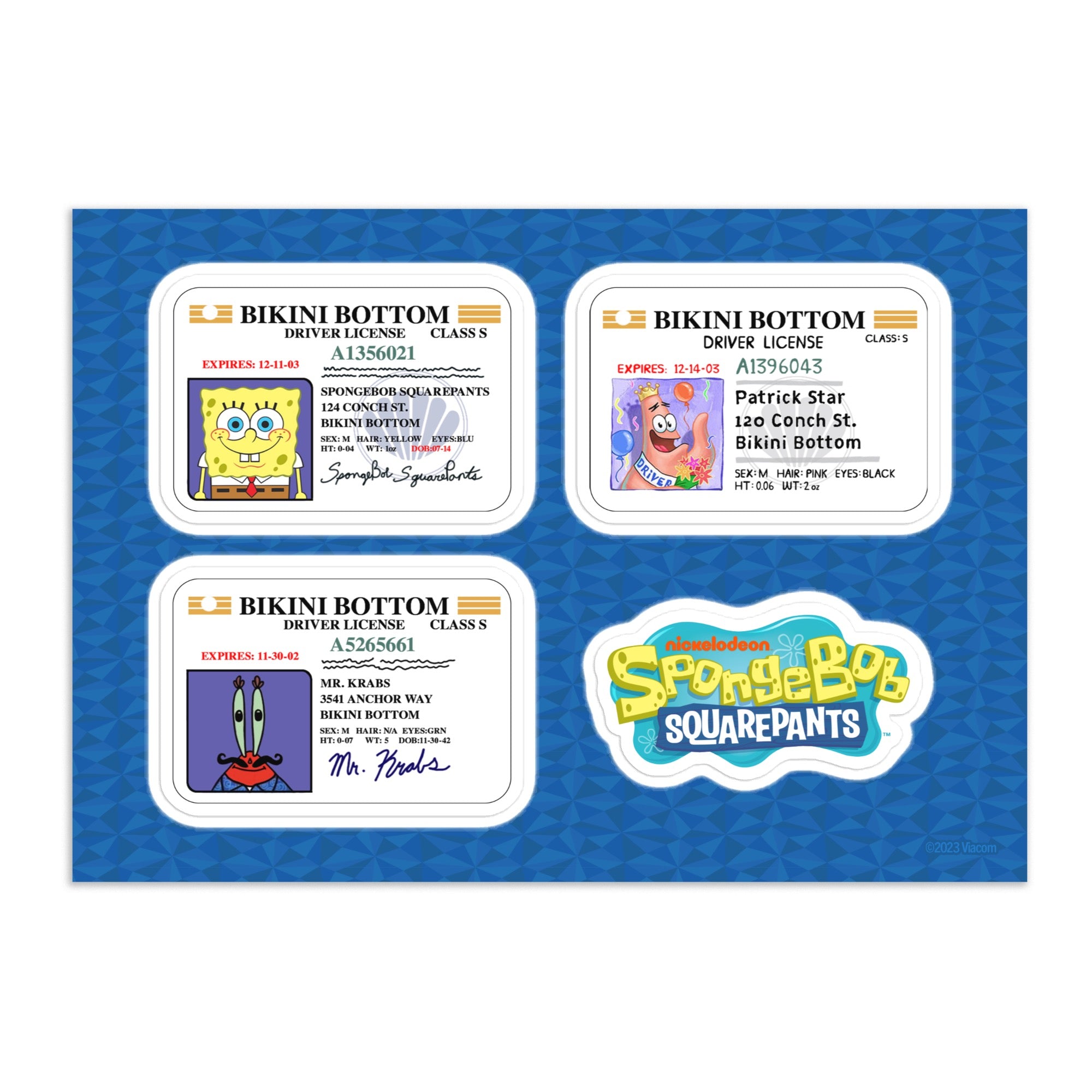 Hoja de pegatinas para el carné de conducir de Bob Esponja Fondo de Bikini  – Paramount Shop