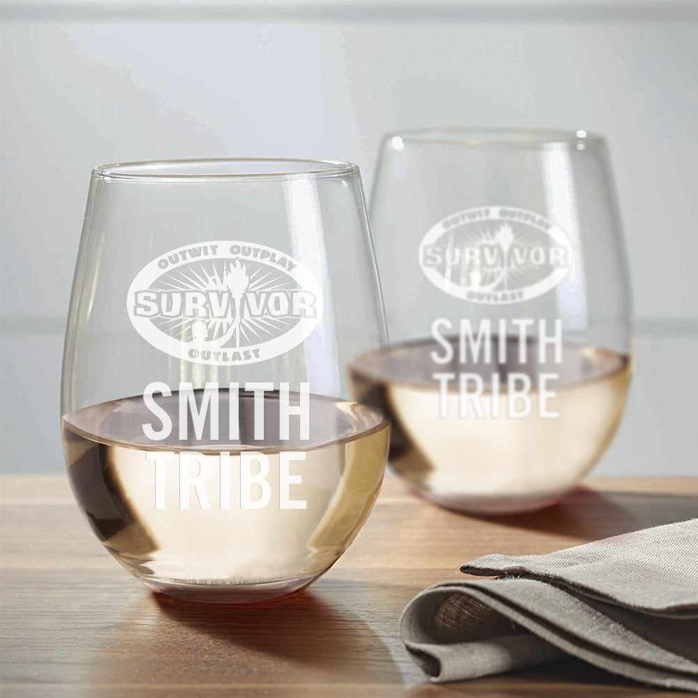 Survivor Outwit, Outplay, Outlast Personalized Stemless Wine Glass - Set of 2