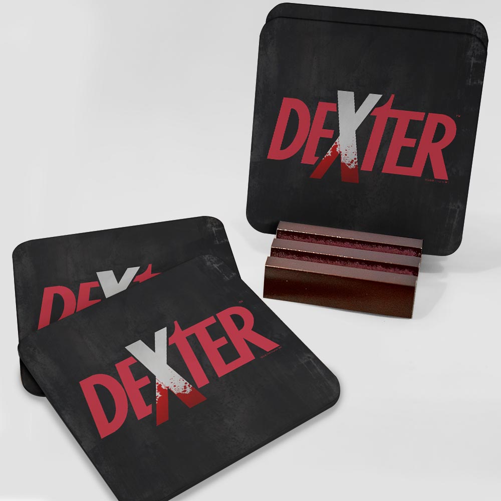 Dexter Splatter Logo Hardwood Coaster with Mahogany Holder - Set of 4 - Paramount Shop