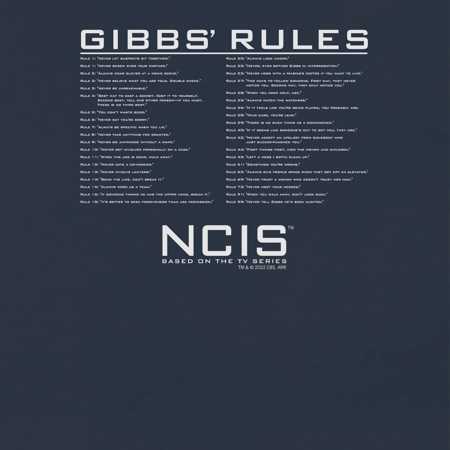 NCIS Gibbs Rules Adult Short Sleeve T - Shirt - Paramount Shop