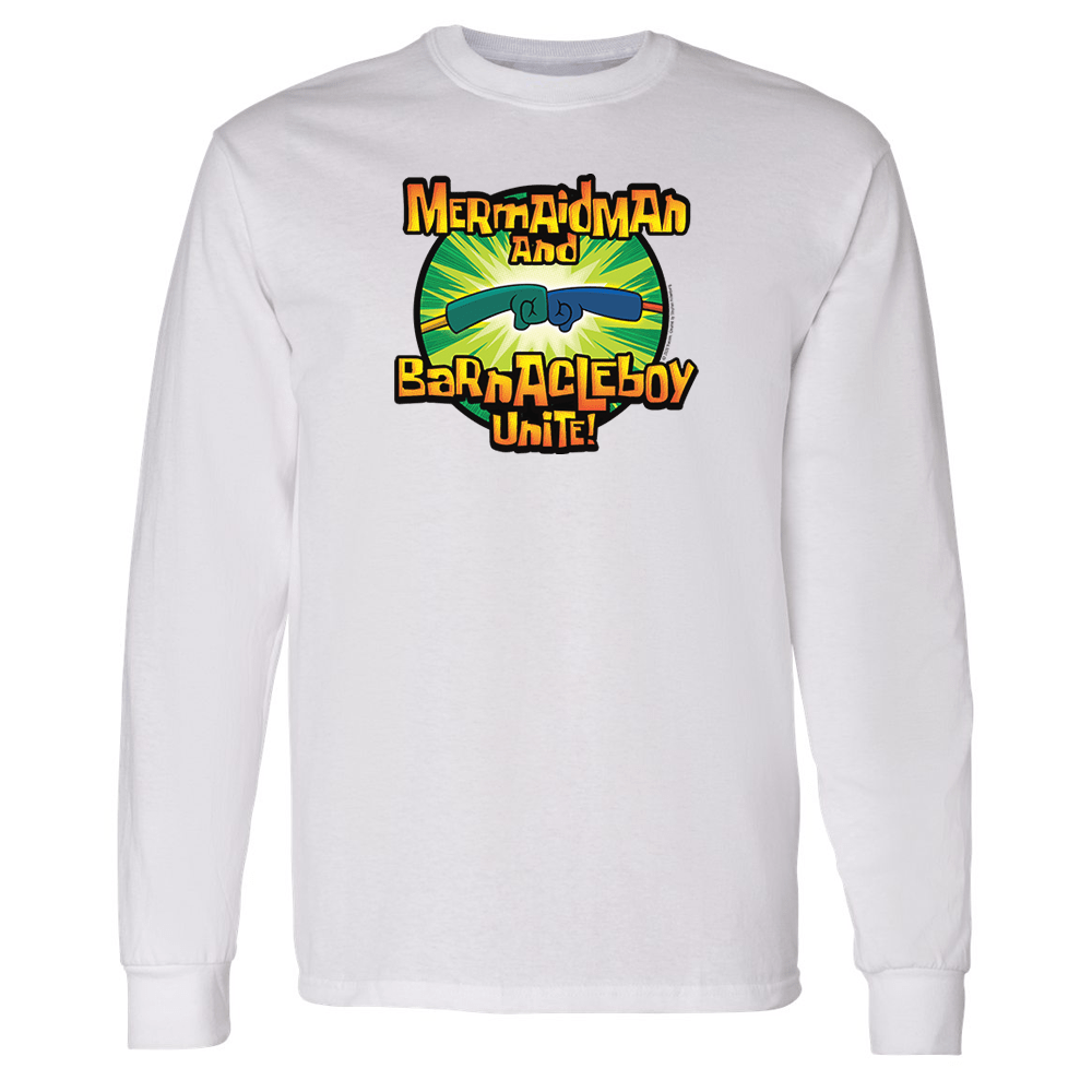 SpongeBob SquarePants Mermaid Man and Barnacle Boy Unite Logo Adult Long Sleeve T - Shirt - Paramount Shop