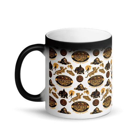 Survivor 20 Years 40 Seasons All Over Black and Yellow Tribal Pattern 11 oz Black Color Changing Mug - Paramount Shop
