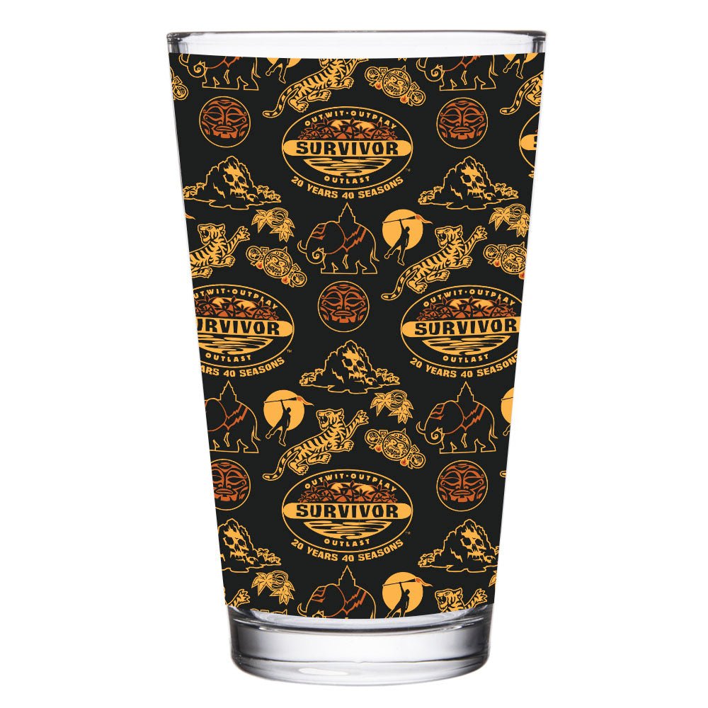 Survivor 20 Years 40 Seasons All Over Black and Yellow Tribal Pattern 17 oz Pint Glass - Paramount Shop