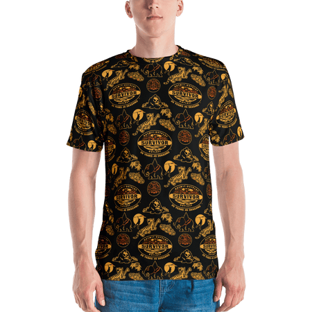 Survivor 20 Years 40 Seasons All Over Black and Yellow Tribal Pattern Adult All - Over Print T - Shirt - Paramount Shop
