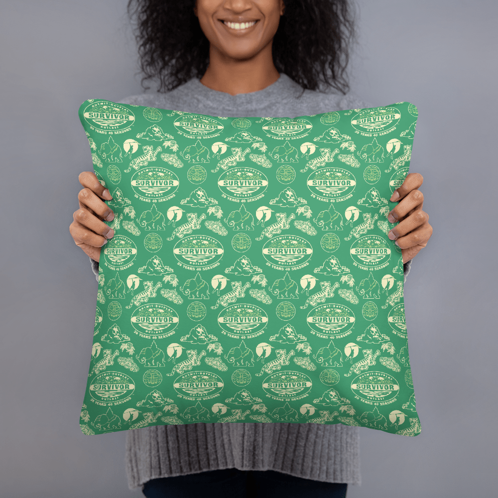 Survivor 20 Years 40 Seasons All Over Green Tribal Pattern Throw Pillow - Paramount Shop