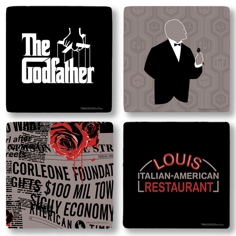 The Godfather Icons Coasters with Mahogany Holder - Set of 4 - Paramount Shop