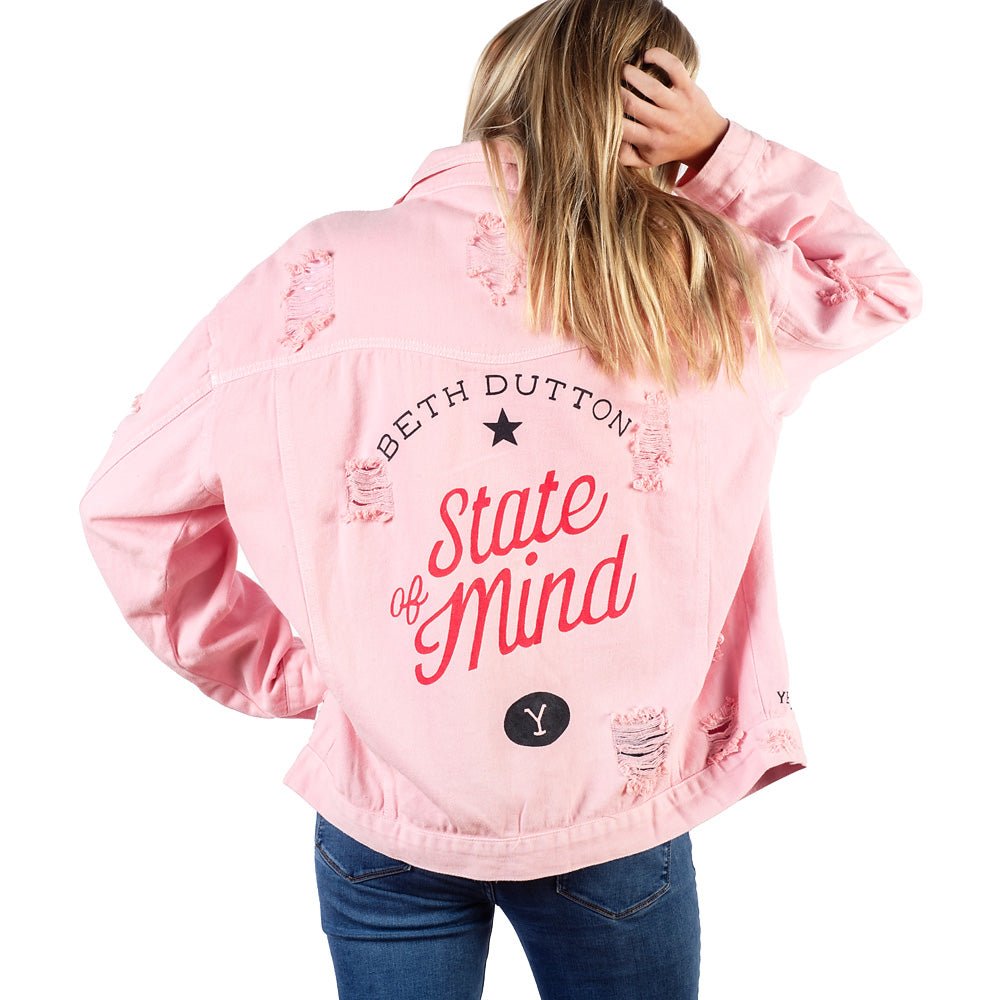 Yellowstone Beth Dutton State of Mind Wren+Glory Hand Painted Pink Denim Jacket - Paramount Shop