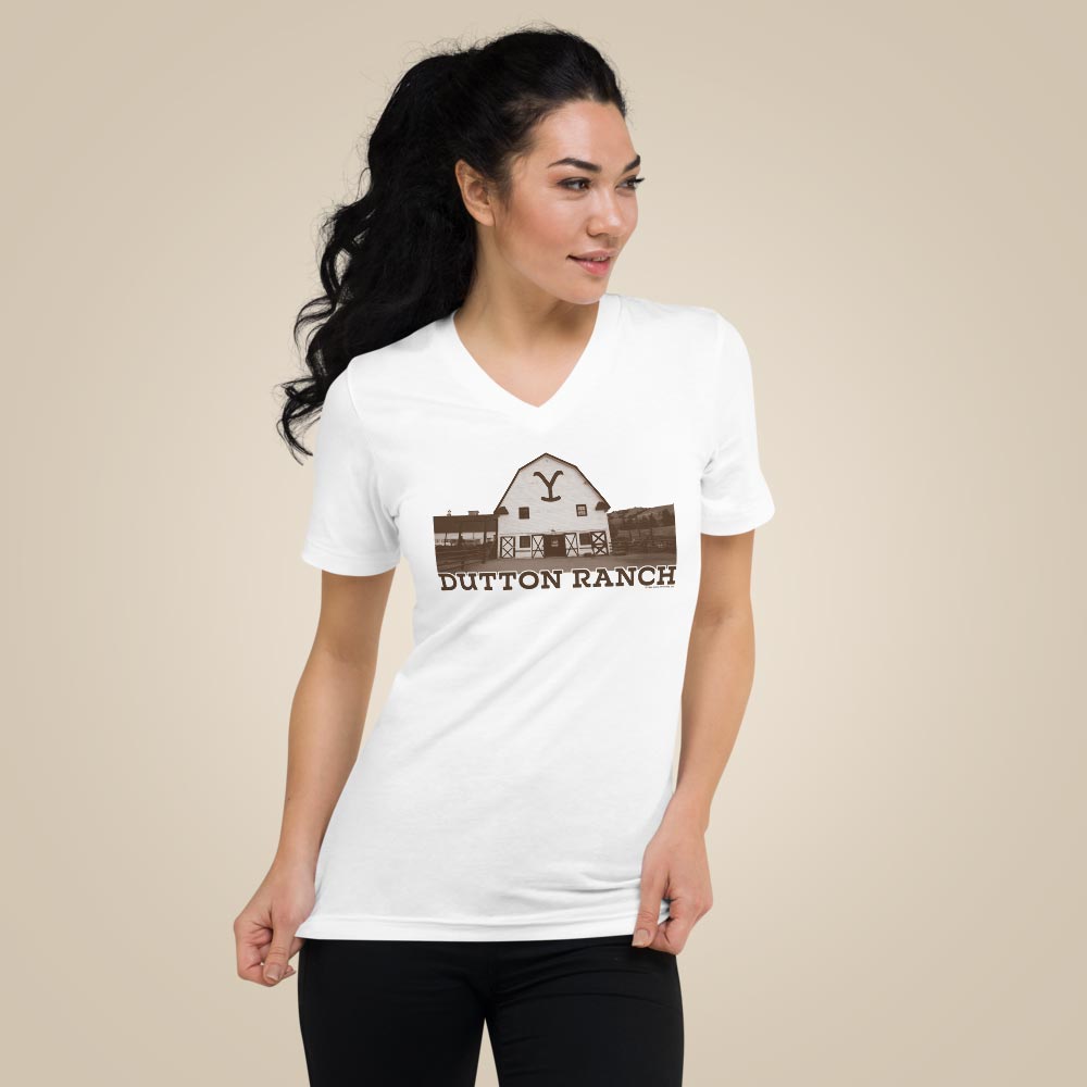 Yellowstone Dutton Ranch Barn Adult V - Neck T - Shirt - Paramount Shop