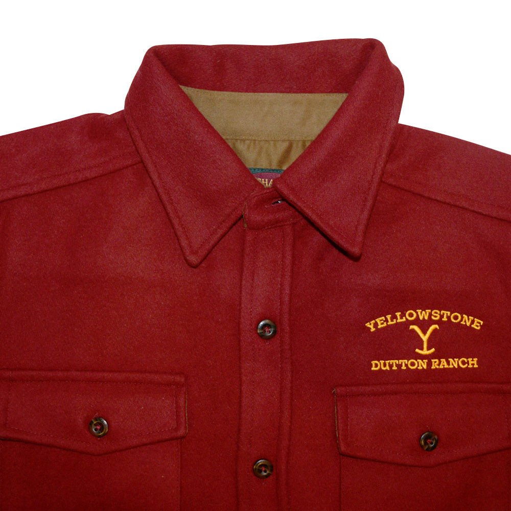 Yellowstone Dutton Ranch Embroidered Red Wool Button Down Shirt - Paramount Shop