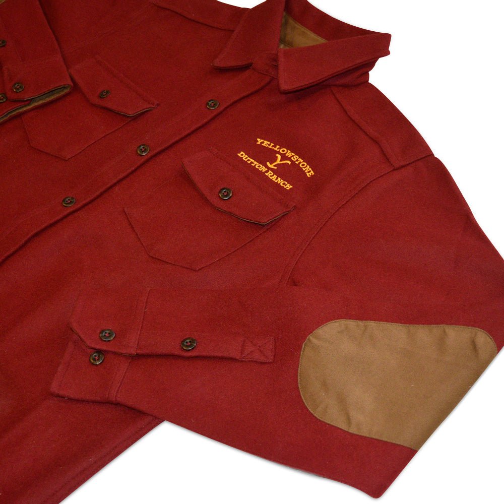 Yellowstone Dutton Ranch Embroidered Red Wool Button Down Shirt - Paramount Shop