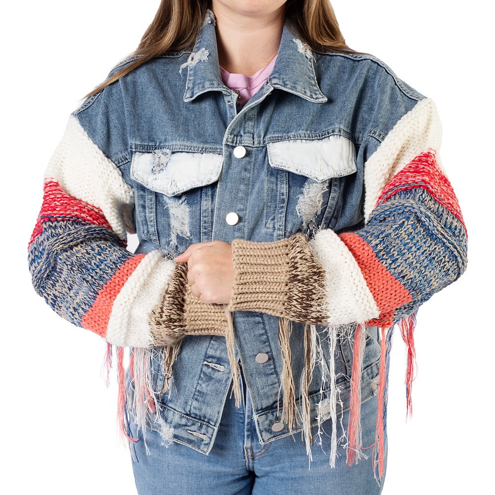 Yellowstone Dutton Ranch Sweater Sleeve Wren + Glory Hand Painted Denim Jacket - Paramount Shop
