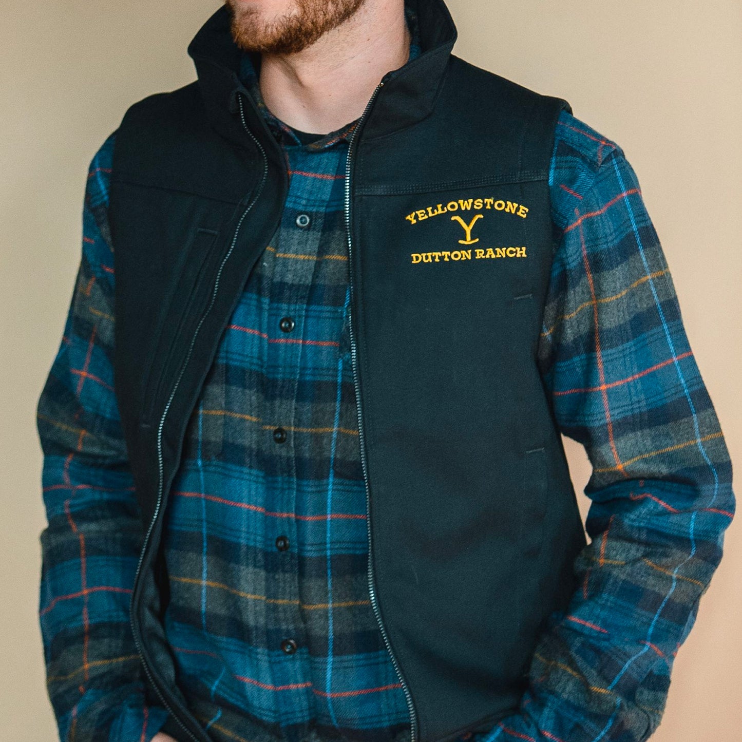 Yellowstone Dutton Ranch Embroidered Navy Plaid Flannel Shirt
