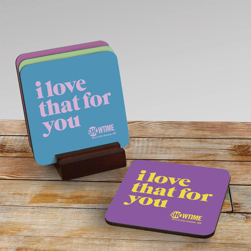 I Love That For You Logo Coasters With Mahogany Holder - Lot de 4