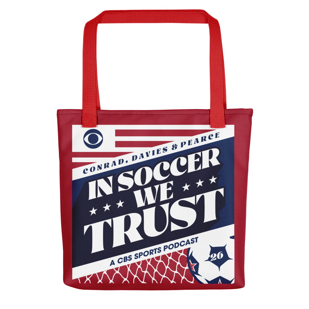 In Soccer We Trust Podcast Key Art Premium Tote Bag