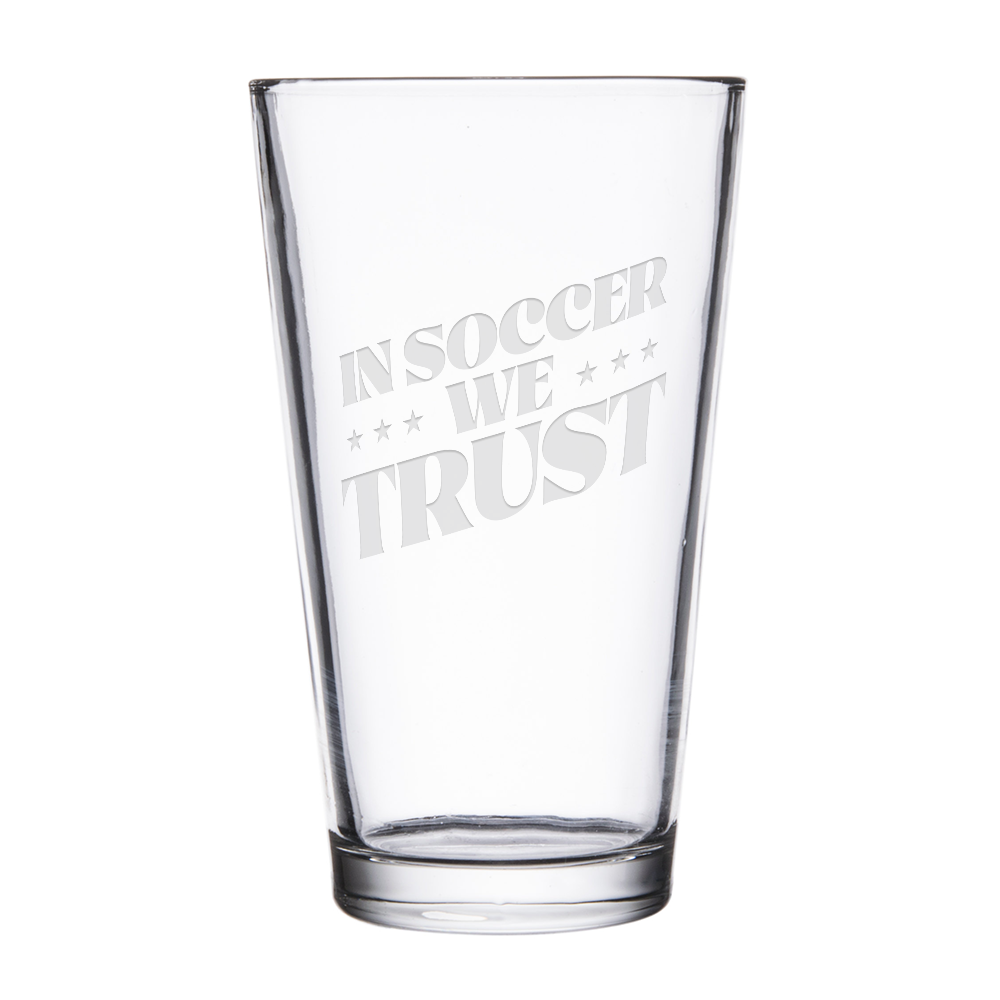 In Soccer We Trust Podcast Logo Laser Engraved Pint Glass