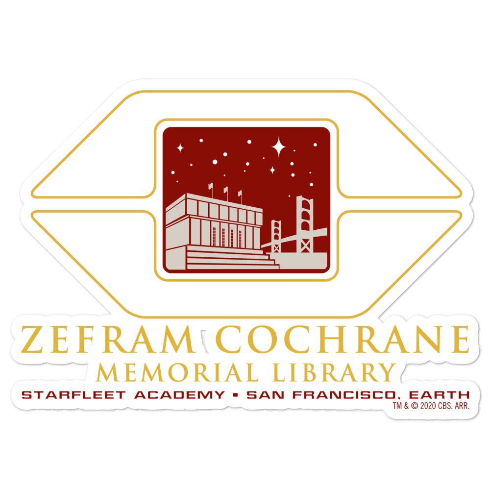Star Trek Autocollant découpé de la bibliothèque commémorative de Starfleet Academy Zefram Cochrane