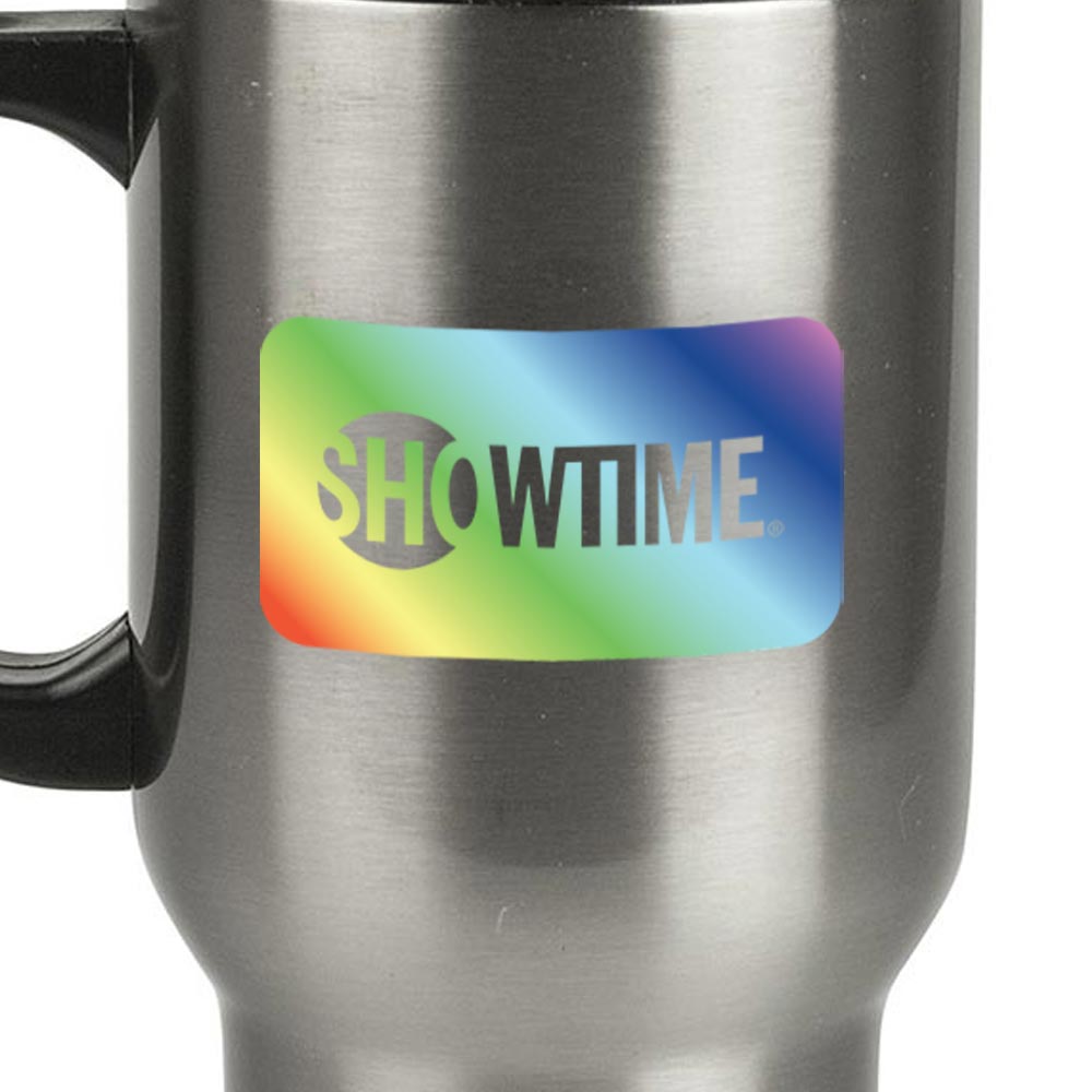 Showtime Pride Caja Logo Taza de viaje de acero inoxidable de 14 oz con asa
