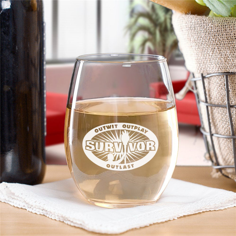 Survivor Übertrumpfen, überspielen, überdauern Logo Lasergraviertes stielloses Weinglas