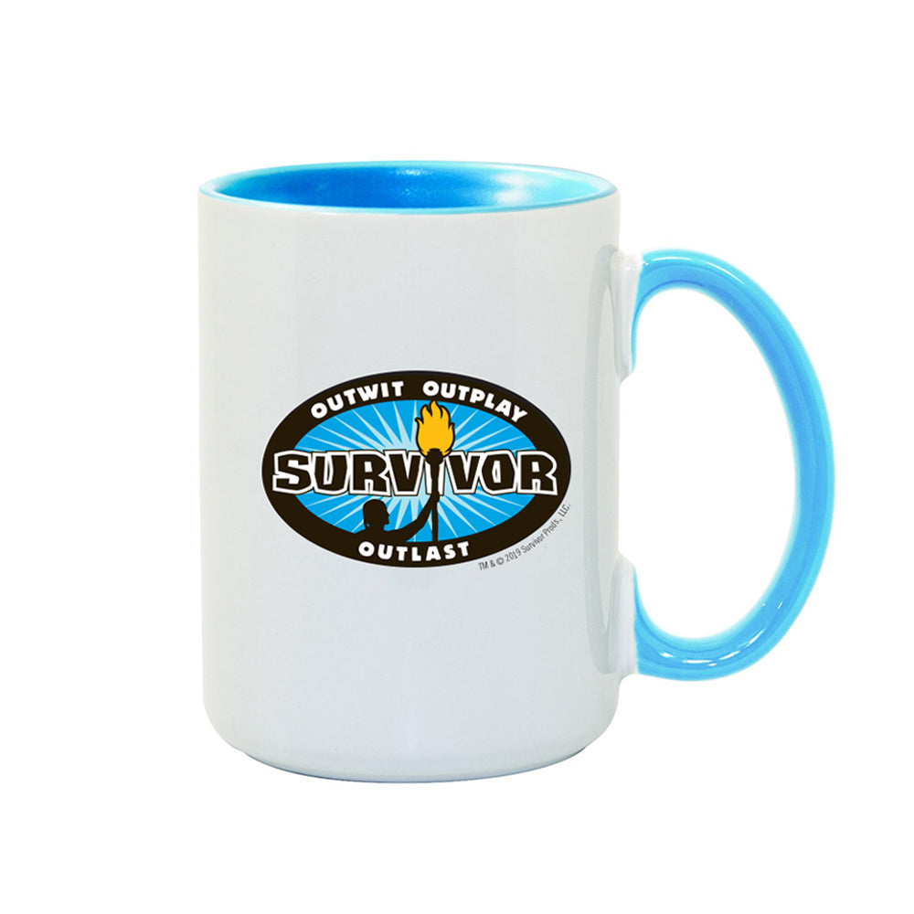 Survivor Más listo, más listo, más rápido Logo Taza blanca bicolor