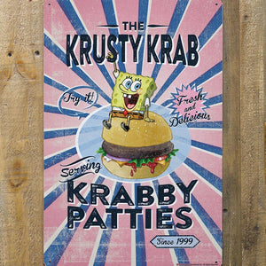 Panneau en métal de Bob l'éponge Le Crabe Croustillant Krabby Patties - 12" x 18".