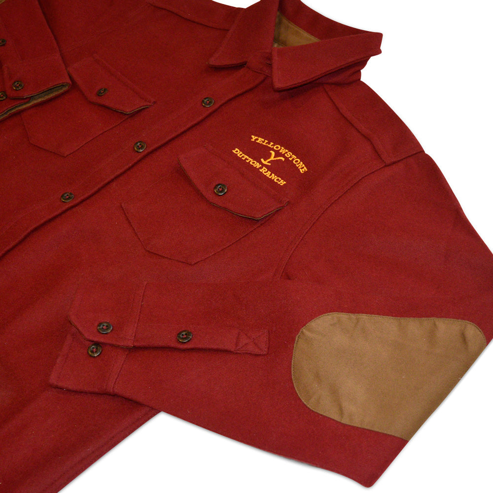 Yellowstone Dutton Ranch Embroidered Red Wool Button Down Shirt