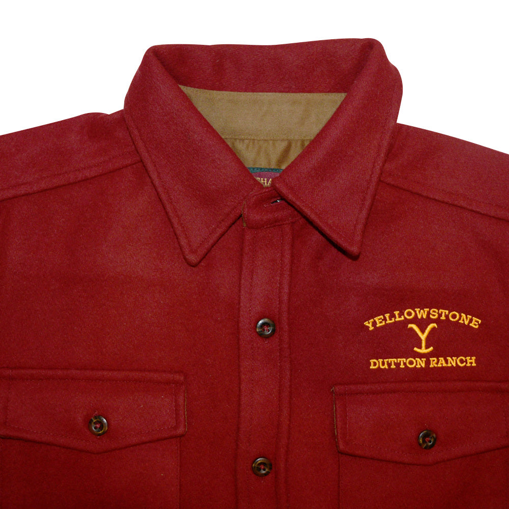 Yellowstone Dutton Ranch Embroidered Red Wool Button Down Shirt